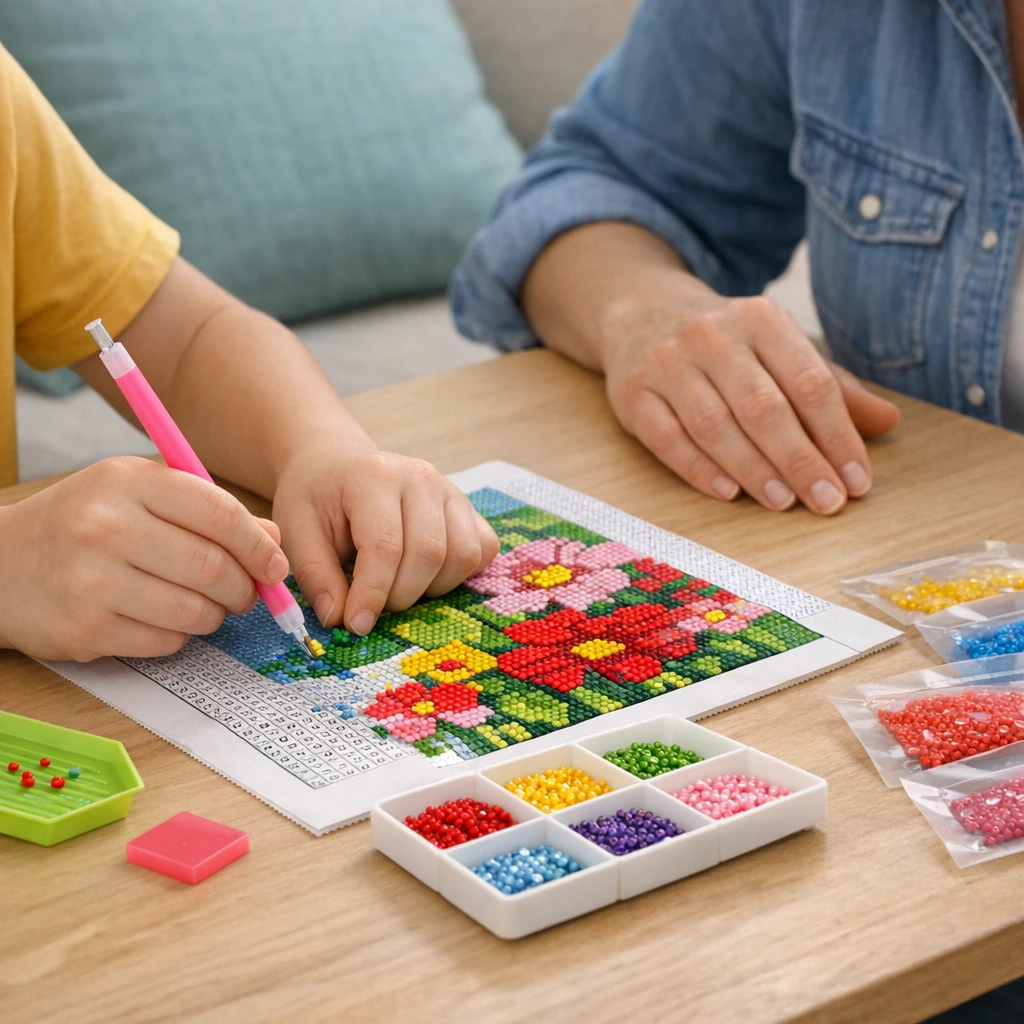 An adult supervising a child as they place drills on a diamond painting canvas at a table.