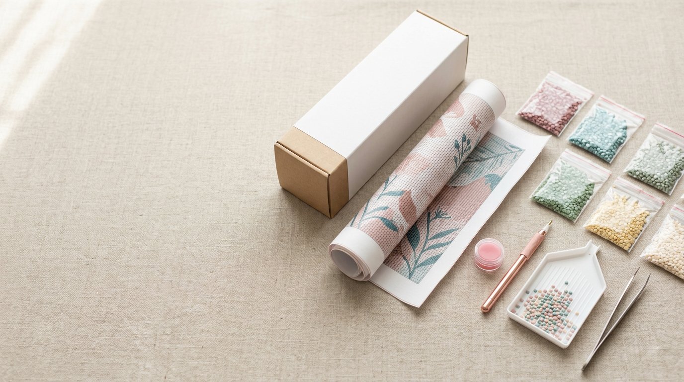 Private label diamond painting kit with blank retail box, color-coded adhesive canvas, packets of round resin drills, applicator pen, wax and tray on linen